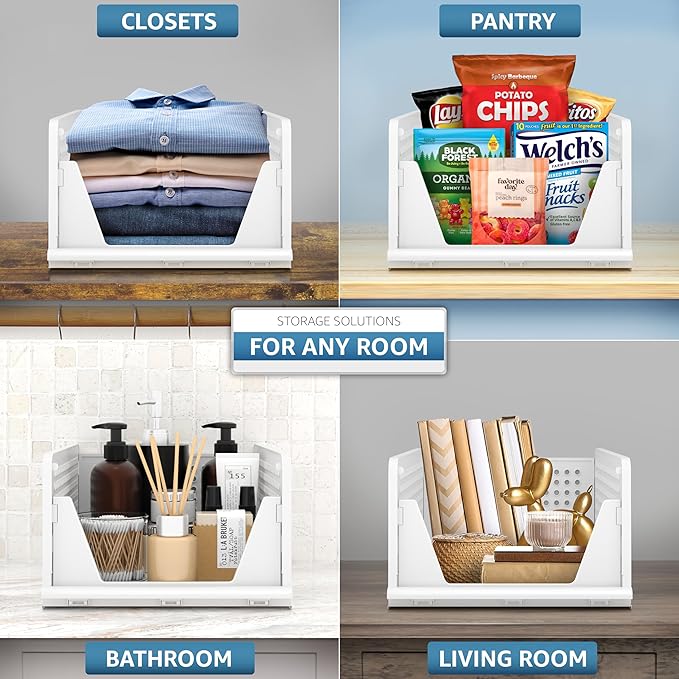 Sorbus 4 Pack Medium Shelf Organizer with Open Front Design Under Shelf for Closet Bathroom Kitchen Garage Plastic Stackable Storage Baskets