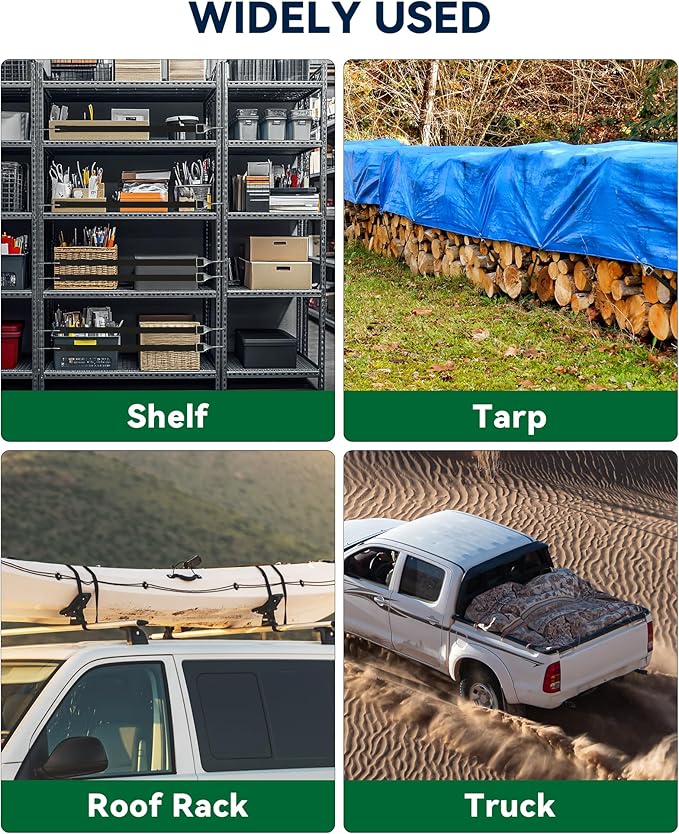 10 Inch Rubber Bungee Cords Heavy Duty Outdoor, Black Bungee Straps with Upgraded Hooks, Weatherproof Tarp Straps with 1.9X Max Stretch & 100% Rubber for Cargo, Van, Truck, Motorcycle, etc (11 Pcs)