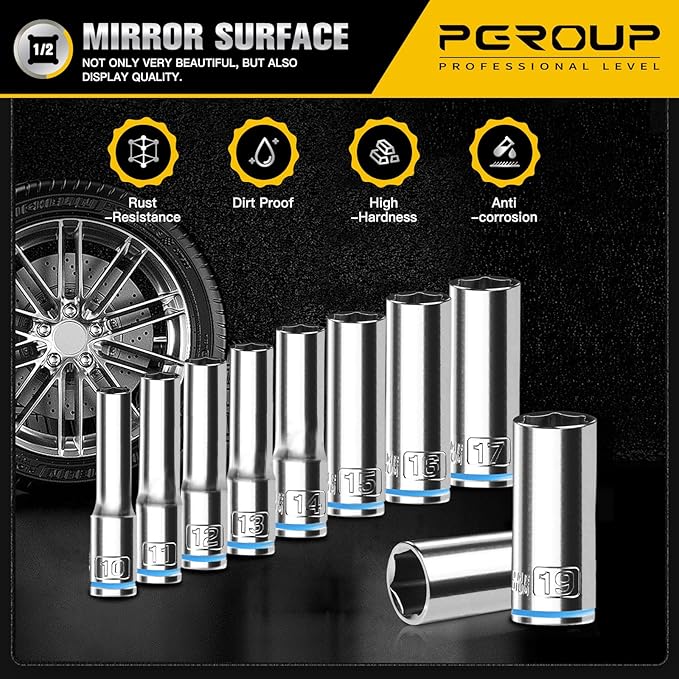 10PCS 1/2” Drive Deep Socket Set, Metric (10mm-19mm), 6-Point, Cr-V Steel, Chrome Plated Socket With Hanging Bracket, Cover Most Commonly Sizes