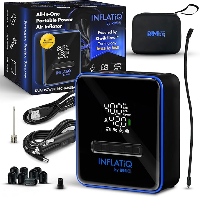 INFLATiQ by RIMiQ Tire Inflator Blue - Powerful, Award-Winning QWIKFLOW Technology with 2 Portable Power Options Included - Strong Vehicle Air Pump for Trucks, Cars, Motorcycles, Bicycles, Balls