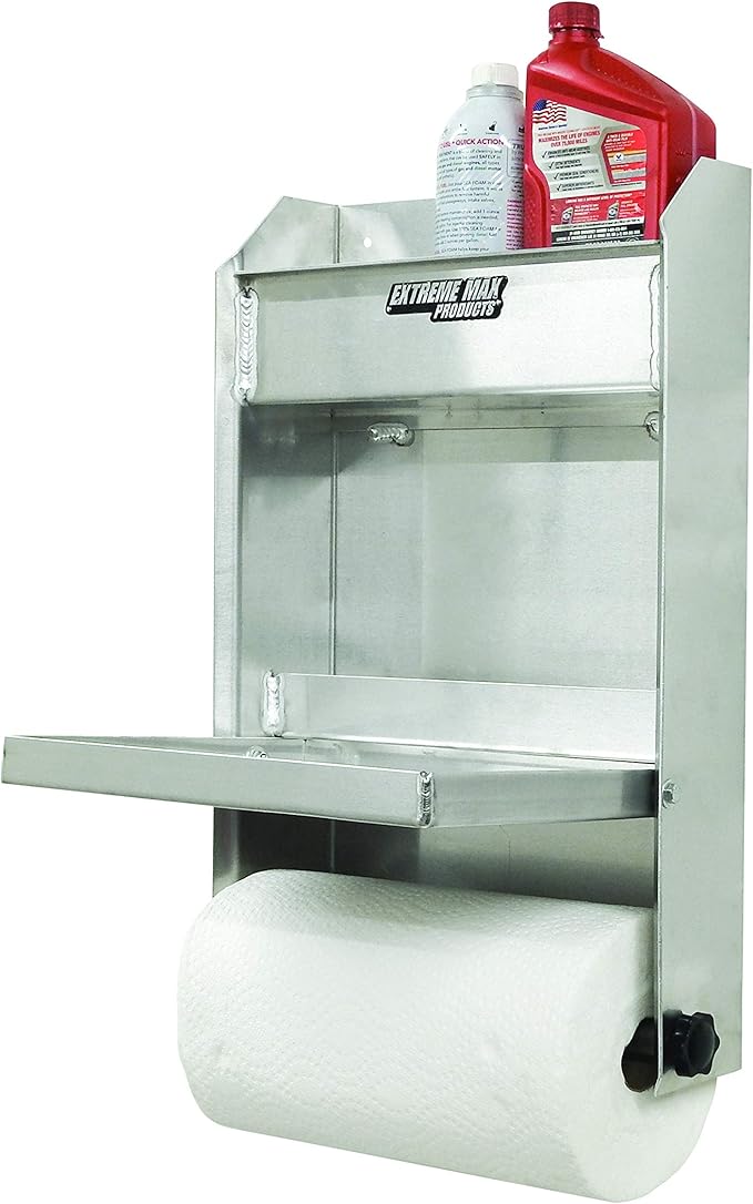 Extreme Max 5001.6053 Junior Aluminum Work Station Storage Cabinet Flip-Out Work Tray with Paper Towel Rack Organizer for Enclosed Race Trailer Shop Garage Storage,Silver