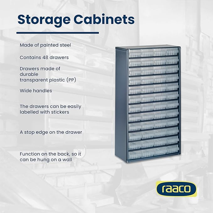 Raaco Steel Storage Cabinet, Tall 48-Drawer, Clear Polypropylene Plastic Drawer – Small Parts Organizer, Screws, Nuts & Bolts, Crafts & Hardware – Tool Cabinet for Workbench & Wall Storage (C12-48)