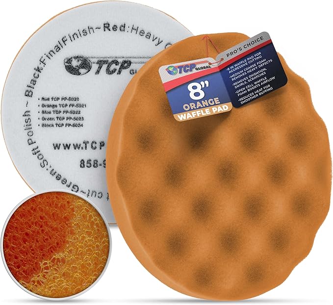 TCP Global 8" Orange Waffle Foam Buffing Pad Hook and Loop Backing - Coarse Buffing Pad for Polishing, Automotive, Marine, Truck, RV & Compound Cutting, Car Polishing Pads