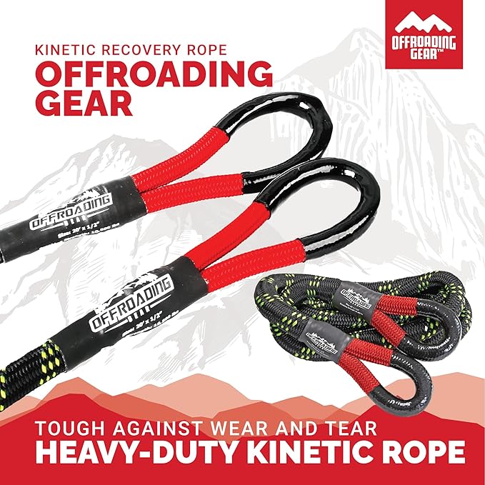 Offroading Gear 4x4 20'x3/4" Kinetic Recovery Rope & Tow Rope Kit| Black (19,000 lbs) | Elastic Snatch Strap | Heavy-Duty Loops | Truck |ATV| UTV| Jeep| Car| SUV| Etc.