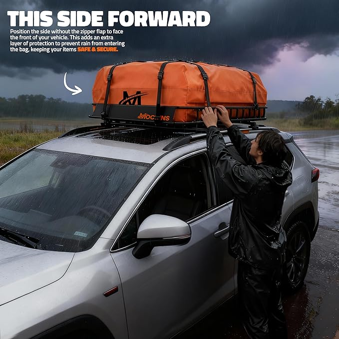 Mockins 50"x36"x4.5" Extendable Rooftop Cargo Carrier & 18 CuFt Orange Waterproof Roof Cargo Bag | 250 Lbs. Capacity Weatherproof SUV & Car Roof Rack Basket with Car Top Carrier Bag & Accessories