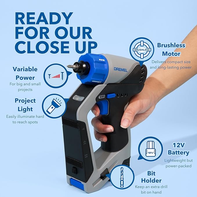 Dremel Blueprint 3in1 Drill Driver with Integrated Stud Finder and Detachable Laser Level, Cordless Drill Set Includes 2.0 Ah Battery, Fast Charger, and 12 Bits (DD12V-S1)