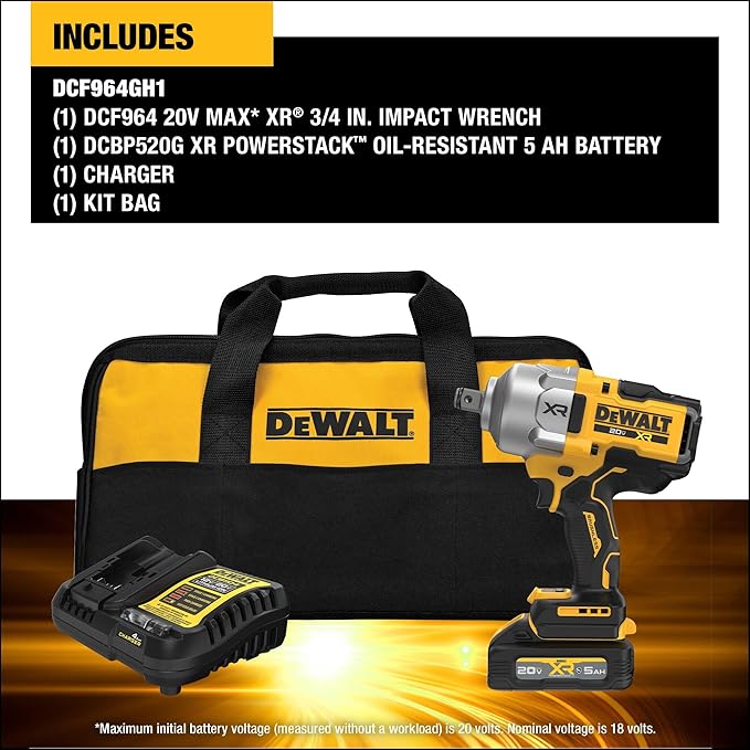 DEWALT 20V MAX XR 3/4 Inch Cordless Impact Wrench Kit with POWERSTACK Battery and Charger (DCF964GH1)