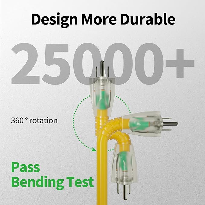 POWGRN 150 Ft 10AWG Outdoor Extension Cord Waterproof Heavy Duty 10 Gauge, Flexible Cold-Resistant Long Power Cord Outside with Lighted Indicator End, 15Amp 1875W SJTW Yellow ETL Listed