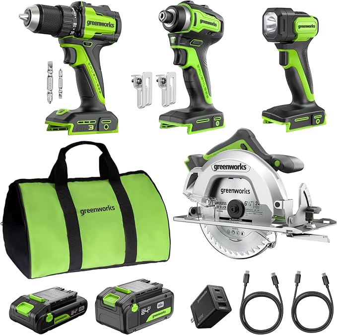 GREENWORKS 24V Combo (1/2” Drill + 1/4” Impact Driver + 6.5” Circular Saw + 200Lm Flashlight), 4.0Ah + 2.0Ah Batteries (24,000mAh PB), (2) Braided Cables, 65W Rapid Charger,High-Efficiency