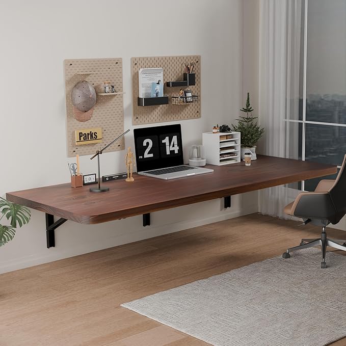 IAE Floating Wall Mounted Folding Table Desk with Pine Wood,55" x 22" Folding Workbench,Fold Down Wall Mounted Foldable Desk with Shelf Brackets,Laundry Table for Home,Dining,Office,Kitchen,Brown