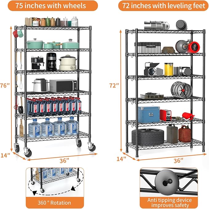 Hodonas 2300LBS Wire Shelving Unit, 36"W x 14"D x 75"H Metal Standing Shelf Units with Wheels / Leveling Feet, 6 Tier, Adjustable, Heavy Duty, and NSF Storage Shelves, Rolling Metal Shelving Wire Rack