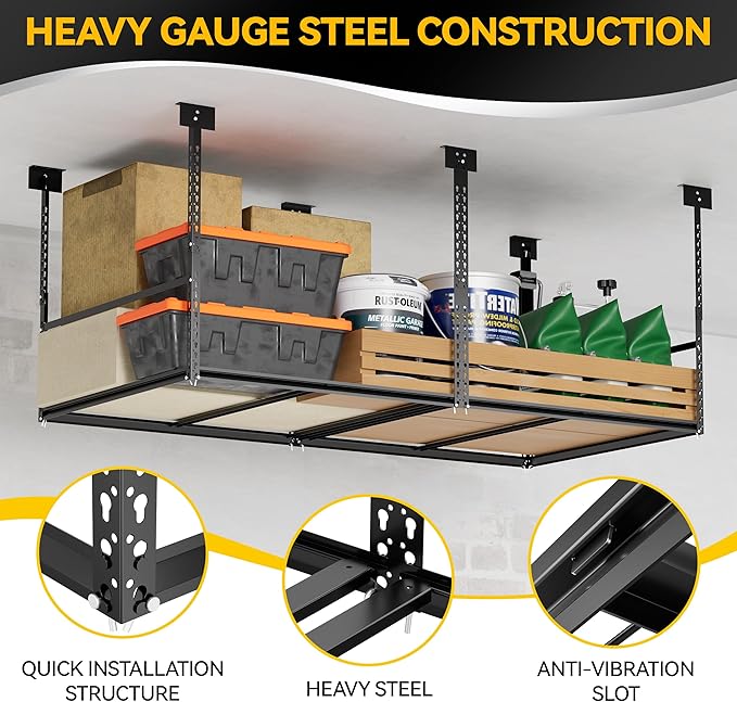 3x6 Ft Overhead Garage Storage Rack, 28-41 inch Height Adjustable Ceiling Mounted Organization Rack, 700 lbs Weight Capacity, 36"x72" Heavy Duty Space-Saving Metal Rack for Garage Storage