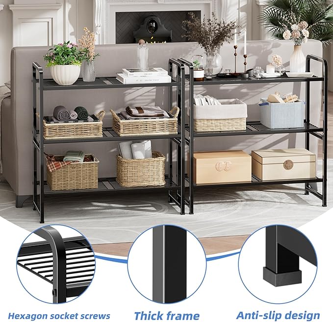 30 Inch Wide Shelving Unit, 3 Tier Wire Storage Rack for Pantry Closet, Stackable, Heavy Duty Metal, Black