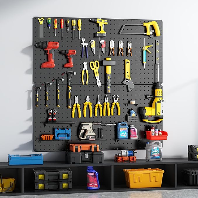 Peg Board,Total 32” x 32”, 68PCS Heavy Duty Metal Pegboard with Hooks, 4 Pack Black Peg Board Panels, 50lbs Load Capacity Each, Pegboard Wall Organizer for Garage, Workshop, Craft Rooms