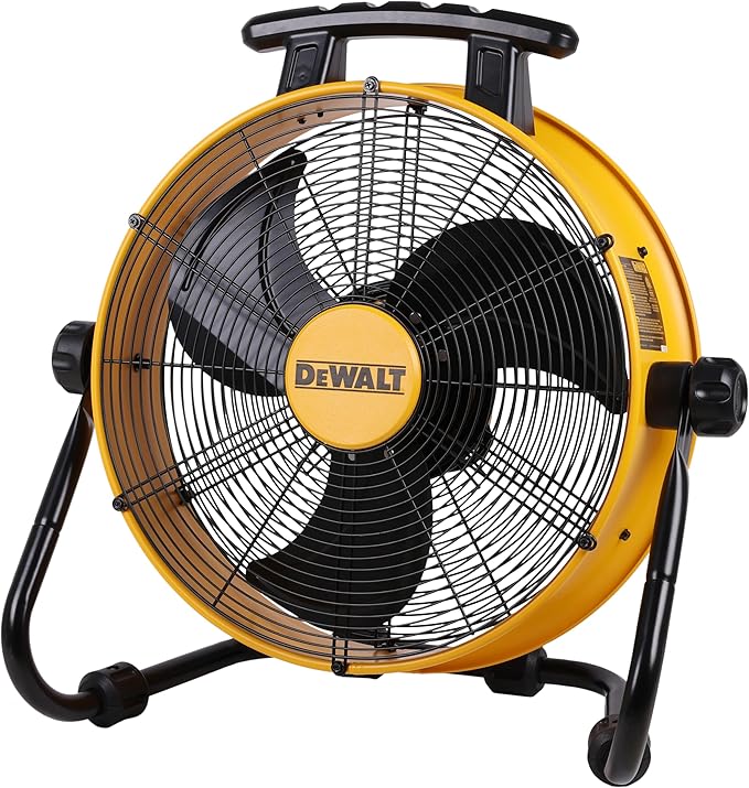 DEWALT DXF1840 Floor Fan, Industrial Fans, 18 Inch High Velocity Fan with 3-Speed Heavy Duty Air Circulator and 180 Adjustable Tilt, Large Electric Metal Rotating Garage Fan, Drum fan for Work, Yellow