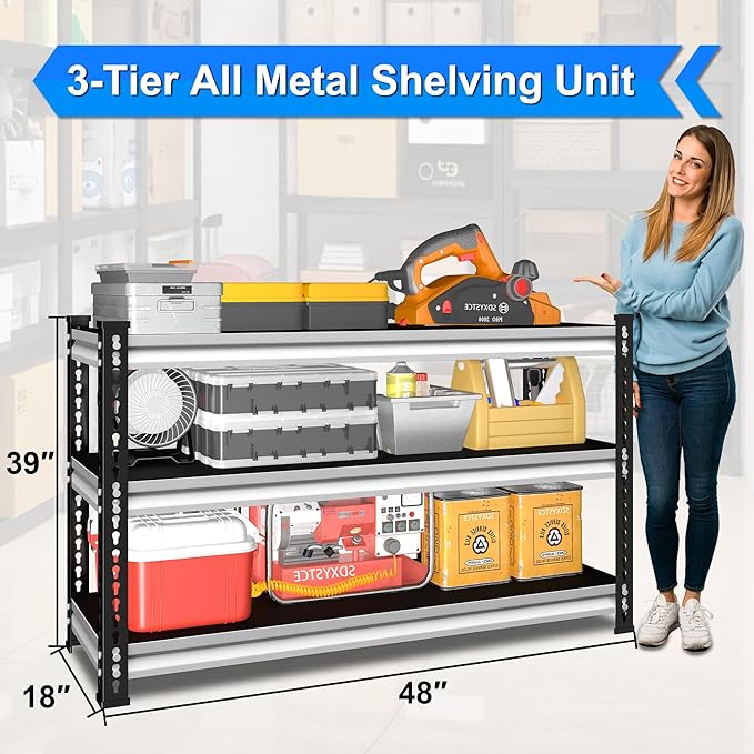 48" W Garage Shelving Heavy Duty, 1500LBS Loads Adjustable Garage Storage Shelves, 3-Tier Metal Shelving Units and Storage Racks, Industrial Utility Shelf,48" Wx18 Dx39 H, White