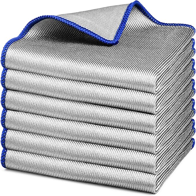Microfiber Cleaning Cloth Polishing Glass Cleaner Absorbent Kitchen Towel Quick Drying Miracle Lint Free Rags for Household Auto Detailing Bathroom, Pack of 6, 12 x 12 Inch, Sliver-Blue