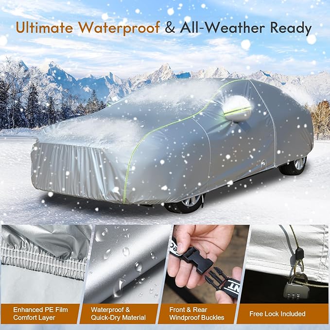 Tecoom Car Cover for Automobiles Waterproof, Windproof Sun Rain Snow Protection Fit for Tesla Model 3 Toyota Corolla 2000-2023 Honda Civic 1991-2023, Kia Stinger/Forte, Full Covers Sedan 170-190"