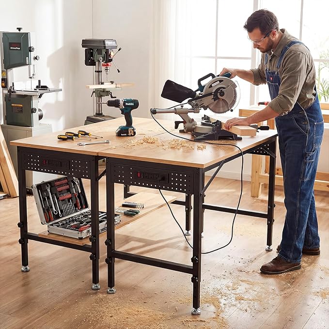 48" Adjustable Heavy Duty Workbench - 2000LBS Load Capacity Wood Work Table with Power Strip, Pegboard with 6 Hooks - Ideal Workbench for Garage, Workshop, Office, Home, Commercial Use