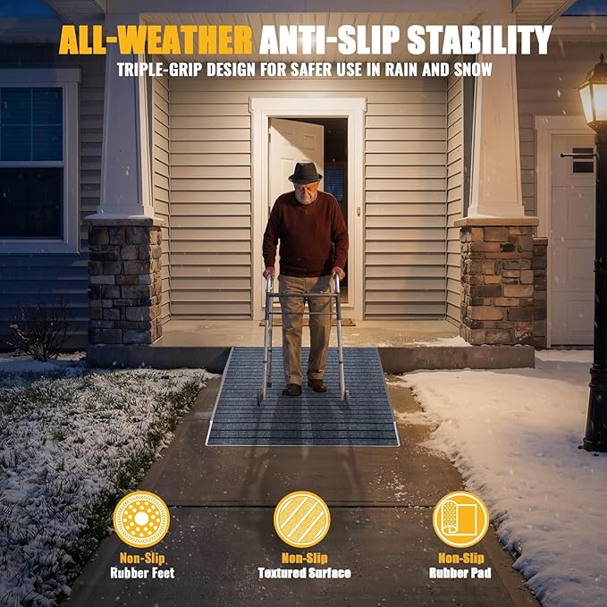 Adjustable Wheelchair Ramp for Door Thresholds, 36" Aluminum Threshold with 3.34"-6.3" Range, Includes Non-Slip Thick Door Mat, Portable Handicap Ramps for Steps, Curbs, Door Thresholds and Entryways