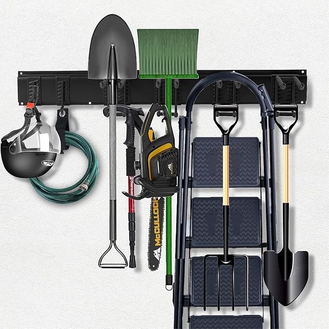 Sinoer Tool Organizer Wall Mount, 96 Inch Garage Storage Wall Organizer, Garden Tool Storage Rack with 18 Hooks+ 4 S-hooks & 2 straps - suitable for ski equipment, shovels, rakes，chairs