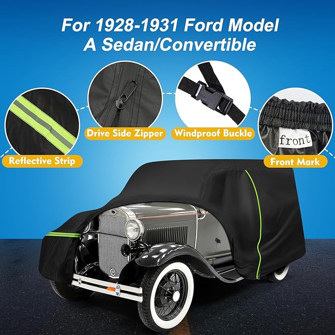 QUNSUNUS Waterproof Car Cover for Ford Model A Sedan/Convertible 1928-1931, All Weather Outdoor Car Covers with Zipper and Elastic Edges for Wind, Sun, UV and Dust Protection