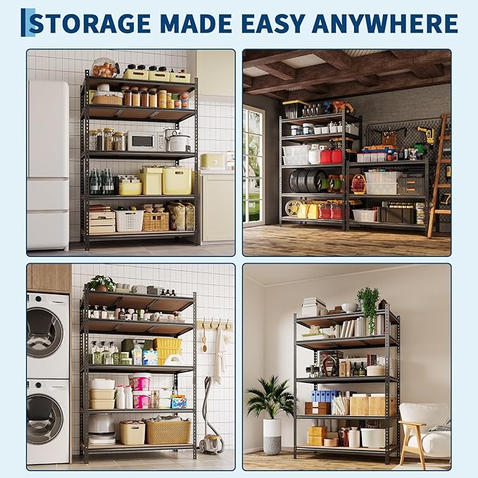 5-Tier Heavy Duty Adjustable Metal Storage Unit, 72" h x 35.5" w x 12" d, for Garage, Basement, Warehouse, Pantry, Closet, Kitchen, Black，2 Pack