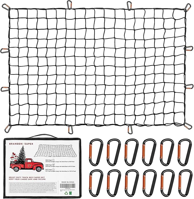 Heavy Duty Cargo Net for Pickup Truck Bed - Stretches from 5' x 7' to 15' x 21' - 12 Metal Carabiners - Compatible with Ford, Dodge RAM, Chevy, Toyota - Ideal for (Black, 5X7 Feet)