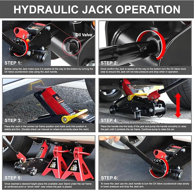 PM PERFORMOTOR Low Profile Hydraulic Trolley Service/Floor Jack Combo with 2 Ratchet Jack Stands, 2 Ton (4000 lbs) Capacity, Red, PM-TOL-FJ3P-RD