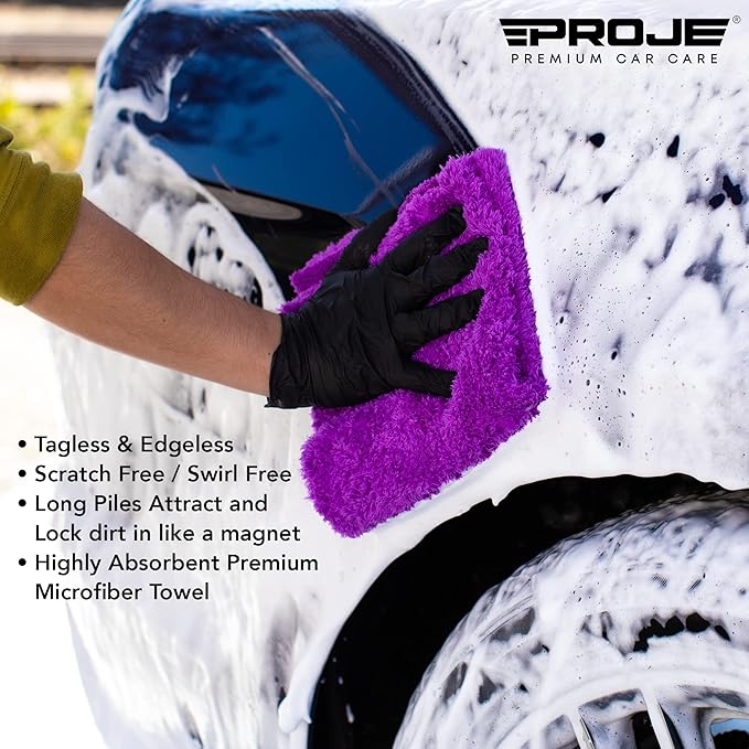 PROJE' Purple Microfiber Towel for Car - Ultra Absorbent - Car Drying, Polishing, Buffing Cloth & Interior Detailing Towel - 500 GSM 16x16in - Auto Detailing Supplies - Pack of 3 Premium Car Care