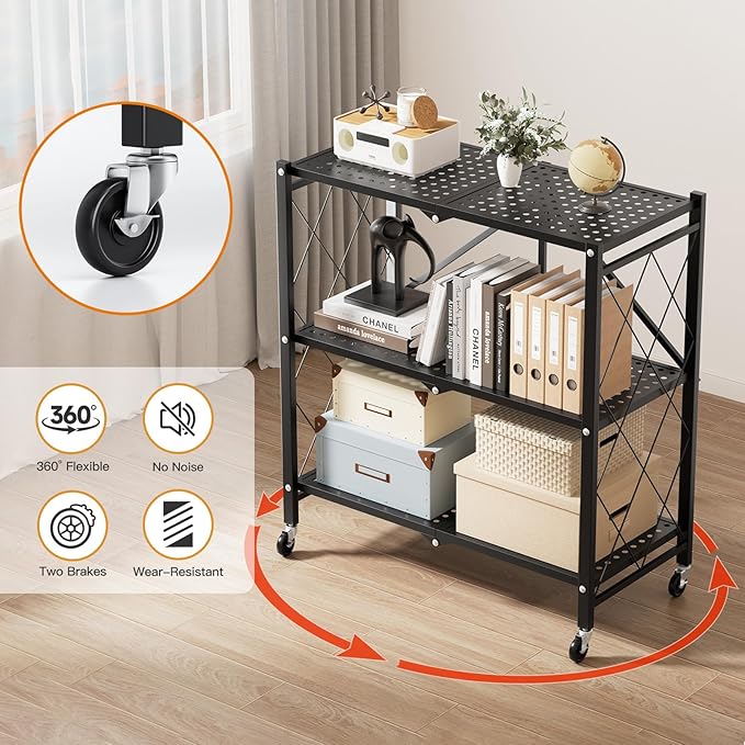 Simple Deluxe 3-Tier Folding Storage Shelves, 27.95" W x 14.96" D x 34.25" H Foldable Shelving Unit, 750 Lbs Loading Capacity, Black