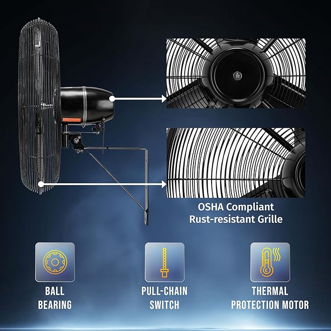 Tornado 24 Inch Outdoor Wall Mount Fan, IPX4 Water-Resistant, High Velocity, Oscillating, 2-Speed, 7350 CFM, TEAO Motor, cETL Listed– For Industrial Use