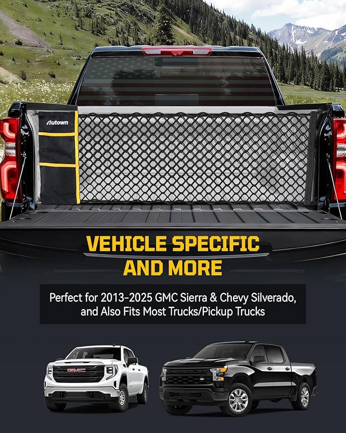 AUTOWN Truck Bed Cargo Net, Envelope Bed Netting for 2013-2025 GMC Sierra & Chevy Silverado, Pickup Truck Bed Organizer with 5mm Bungee & Integrated Storage Bag & Bungee Balls & Carabiners - 18" x 50"