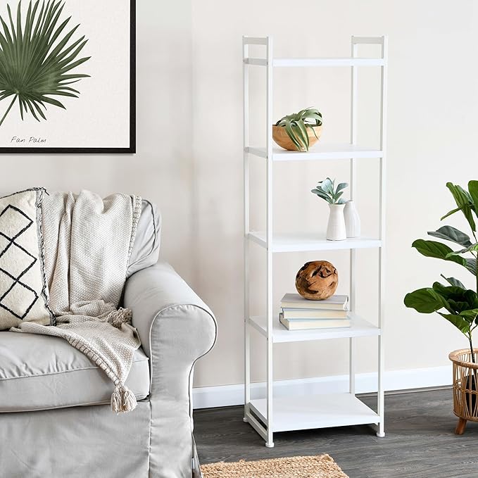 Household Essentials Jamestown Narrow 5 Shelf Open Storage Bookshelf Scandinavian White and White Metal