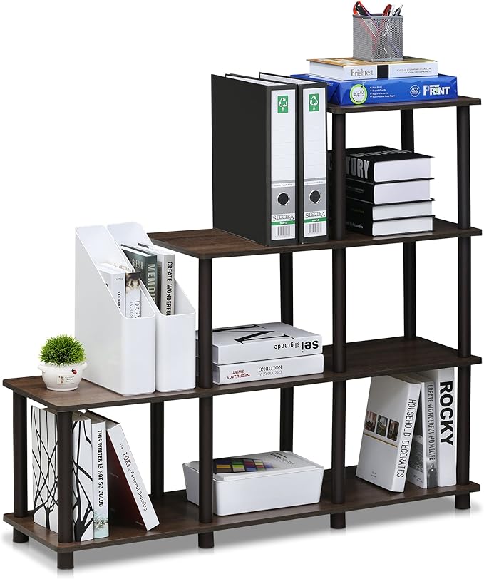 Furinno TURN-N-TUBE Storage Shelves, 4-Tier Ladder Book Shelf, Corner Shelf, Toolless Open Shelves, for Organization and Storage, Living Room, Garage, Home Office, Walnut