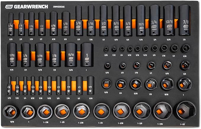 GEARWRENCH 63 Piece 1/4”, 3/8”, 1/2” Drive 6 Point SAE Impact Socket Set in Foam Storage Tray - GWMSISKSAE