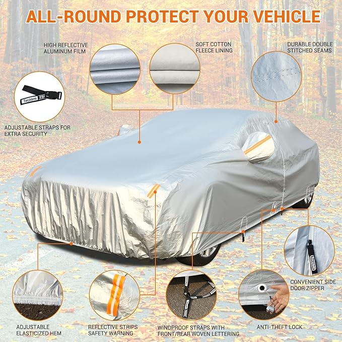 Tecoom Waterproof All Weather Car Cover, 3-Layer Fleece Lined Full Exterior Outdoor Covers with Zipper Door & Lock, Wind Snow Hail UV Sun Protection, Fit for Sedan (201"–210")