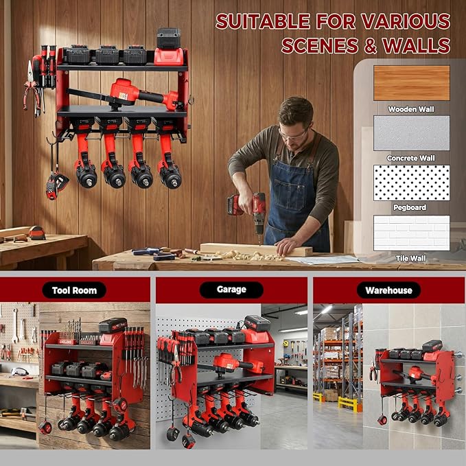 Power Tool Organizer Wall Mount with Charging Station, Heavy Duty 3 Layer Garage Tool Storage with 4 Cordless Drill Holder and 8 Outlet Power Strip, Gift for Men Husband Dad Birthday Anniversary red