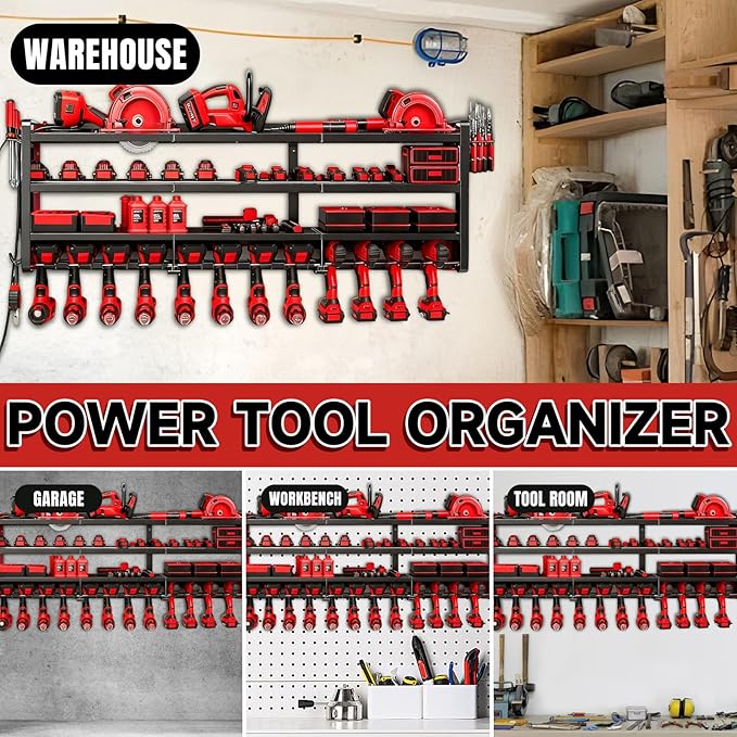 50" W Large Power Tool Organizer Wall Mount, Load 600lbs, 4 Layer Heavy Duty 12 Cordless Drills Holder, Battery Tool Storage Rack for Workbench, Workbench,Garage,Shed