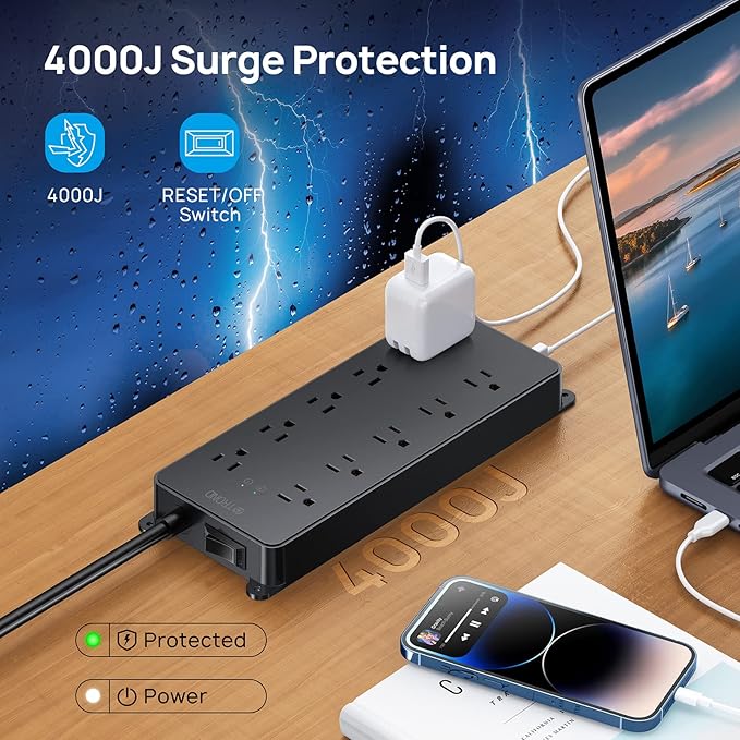 TROND Power Strip Surge Protector, 4000J, ETL Listed, 10 Widely Spaced Outlets with 2 USB A and 2 USB C, Flat Plug 5ft Extension Cord, Wall Mountable, 14AWG Heavy Duty, for Home Office Garage, Black