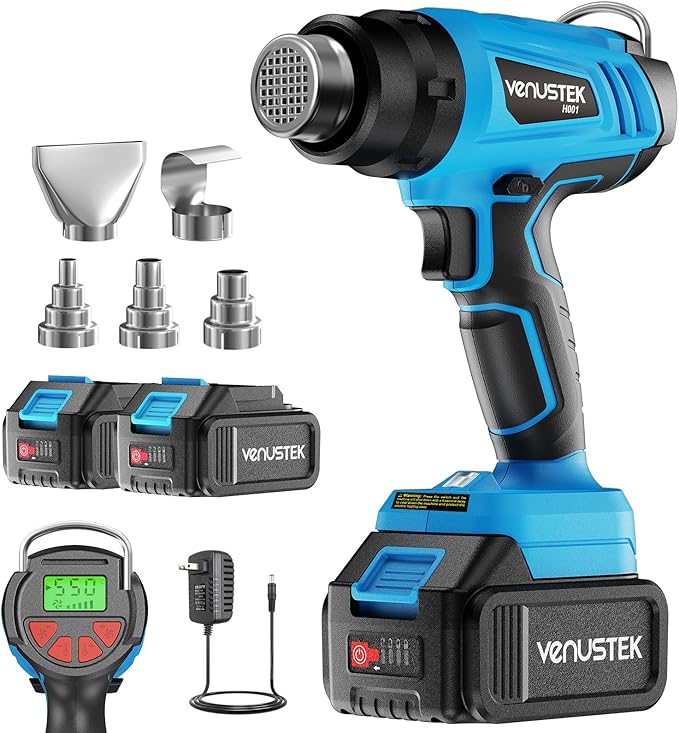 20V Cordless Heat Gun with 2 x 4.0Ah Batteries (122℉–1022℉) Fast-Heating Hot Air Gun Kit with Screen Display Variable Temperature Wind Speed, Portable Heat Gun for Shrink Tubing Vinyl Wrap