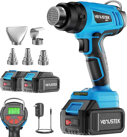 20V Cordless Heat Gun with 2 x 4.0Ah Batteries (122℉–1022℉) Fast-Heating Hot Air Gun Kit with Screen Display Variable Temperature Wind Speed, Portable Heat Gun for Shrink Tubing Vinyl Wrap