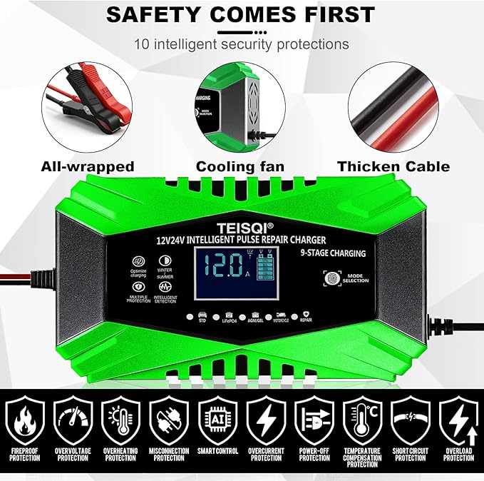 Battery Charger,12-Amp 12V/24V Smart Battery Trickle Charger - Automotive Battery Maintainer Desulfator with Temperature Compensation for Car Motorcycle Mower Marine Lead Acid/LiFePO4 (Green)