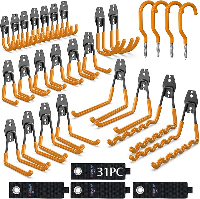 3-H Garage Wall Hooks Heavy Duty 31 Pack, Anti-Slip Steel Wall Mount Storage Hooks for Hanging Ladder Garden Yard Tools, Utility Organizer for Garage Lawn Shed (Orange)