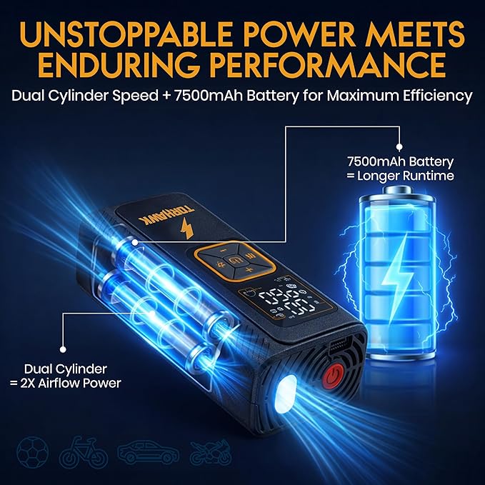 Heavy Duty Dual Cylinder Tire Inflator Portable Air Compressor - 160 PSI Dual Power Cordless Air Pump for Car, Truck, SUV - 12V DC & Rechargeable Battery, Digital Display, LED Light & Auto Shut-Off