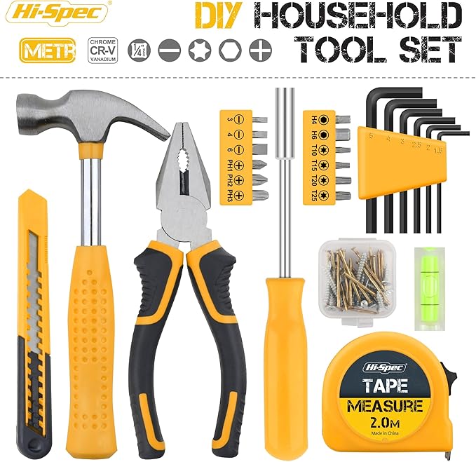 Hi-Spec Small Tool Box for Home and Office DIY, 25-Piece Yellow Mini Tool Kit Set for Basic Household Repairs in a Portable Toolbox Case.
