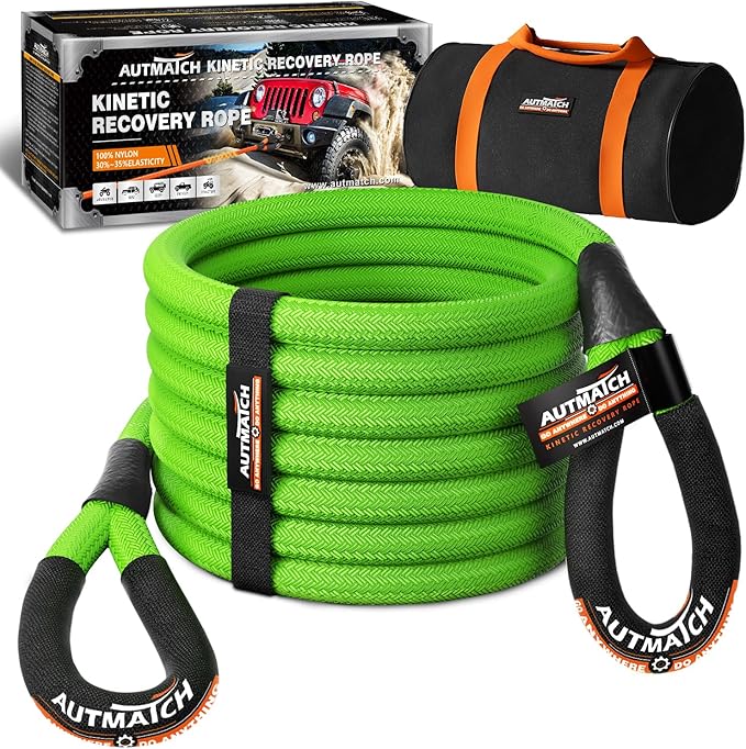 AUTMATCH Kinetic Recovery Tow Rope 1" x 30FT - Heavy Duty Energy Recovery Tow Rope 48000Lbs, 35% Elasticity Offroad Snatch Strap for 4x4 Off-Road Vehicle, Truck, Trailer, ATV, UTV, Green