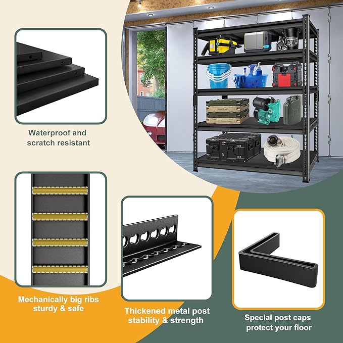5-Tier Heavy Duty Metal Garage Shelving Unit, 48"W x 24"D x 78"H, 3000 lbs Capacity, Black, Industrial Style