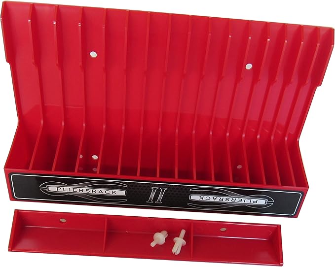 PLR16 Red Pliers Rack mounts on your peg board, or fits in your toolbox drawer. Plier storage for Regular & smaller pliers. Holds spring loaded pliers closed. Has a special tilt feature.