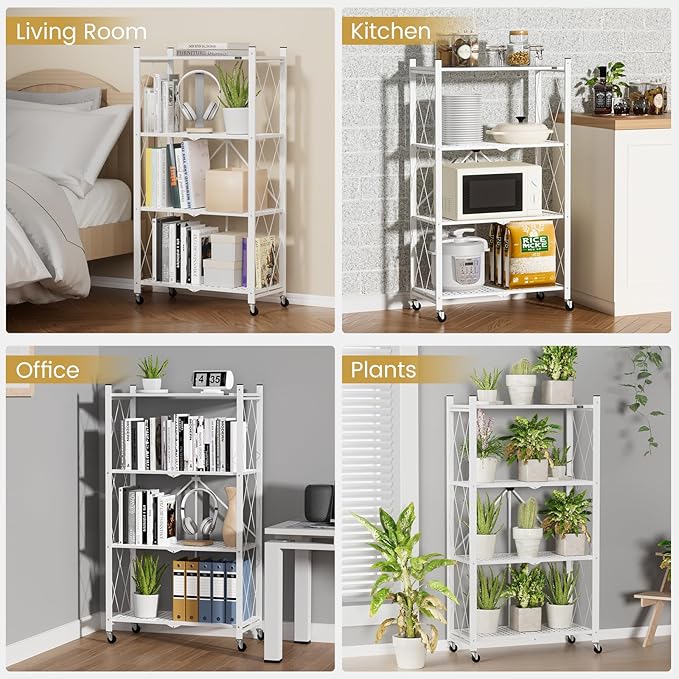 ALANNG Heavy Duty 4-Tier Folding Shelf with Wheels, No Tools Assembly Metal Storage Rack Cart, 264LBS Capacity for Kitchen, Pantry, Laundry Room, Garage, (White, 1PACK)